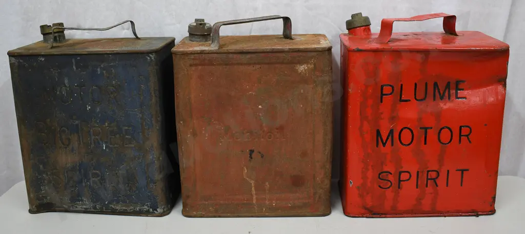 BIG TREE, MOBIL, PLUME PETROL TINS Image 1++