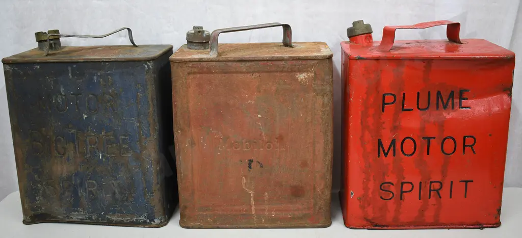 BIG TREE, MOBIL, PLUME PETROL TINS Image 1++