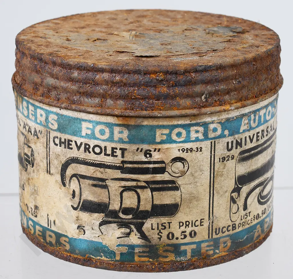 FORD CHEVROLET PLYMOUTH PONTIAC LABELED TIN Image 1++