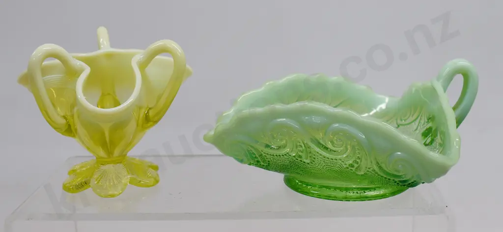 URANIUM GLASS POSY VASE & GLASS DISH Image 1++