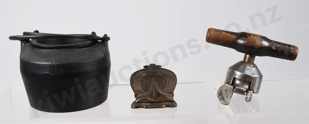 CAST IRON GLUE POT, PAPER HOLDER CLIP, CAN OPENER Image 1++