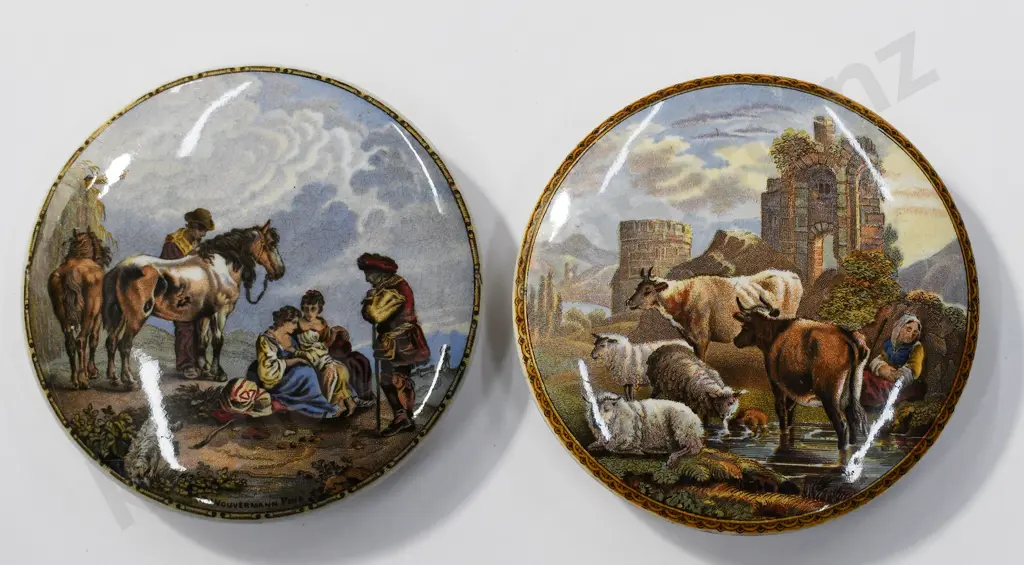 PRATTWARE POT LIDS, SKEWBALD HORSE, CATTLE AND RUINS Image 1++