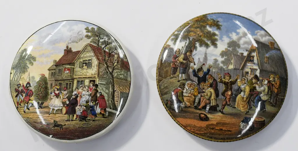 PRATTWARE POT LIDS, MAY DAY DANCERS AT THE SWAN INN, VILLAGE WEDDING Image 1++