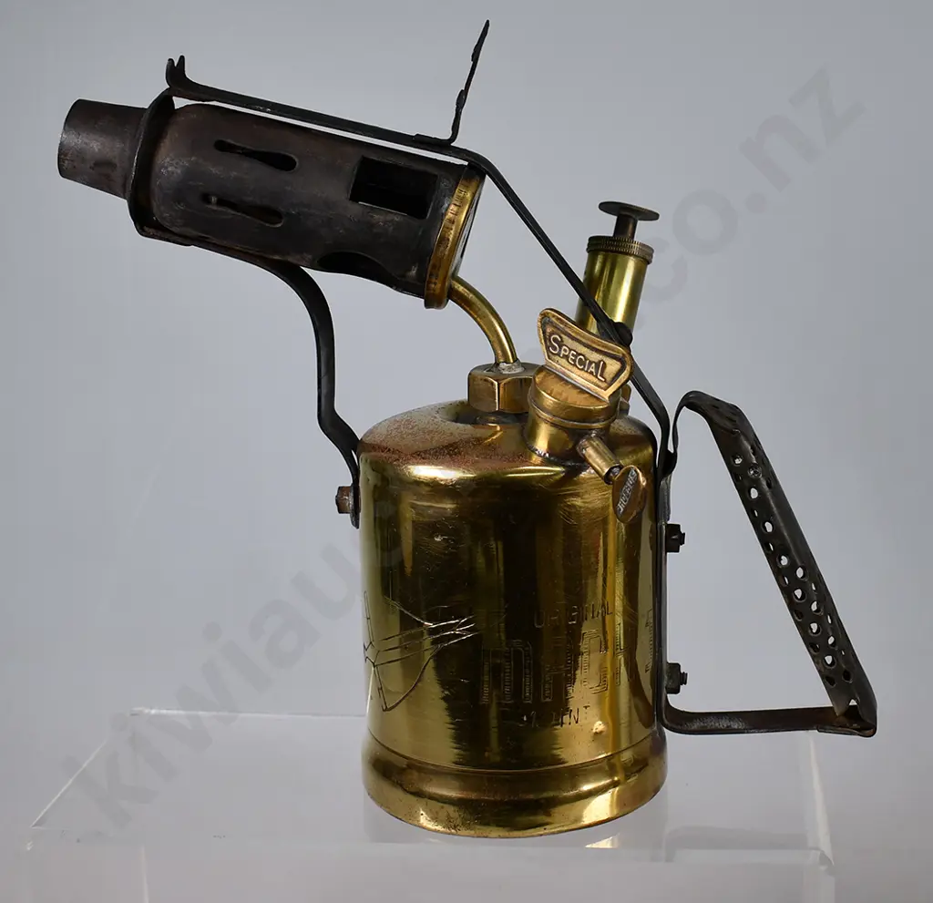 BRASS BLOW TORCH, BRASS VASE & ENAMEL BED PAN Image 1++